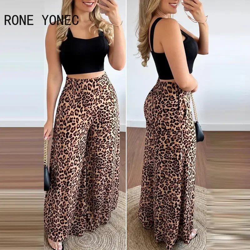 Women Chic Solid Sleeveless Thick Straps Crop Top& Leopard Pattern Bottoms Pants Sets