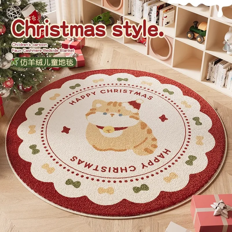 Christmas Round Living Room Large Area Carpet Cute Cat Girl Bedroom Carpet Cartoon Children Rug Red Green Beige Plush Rugs Ковер