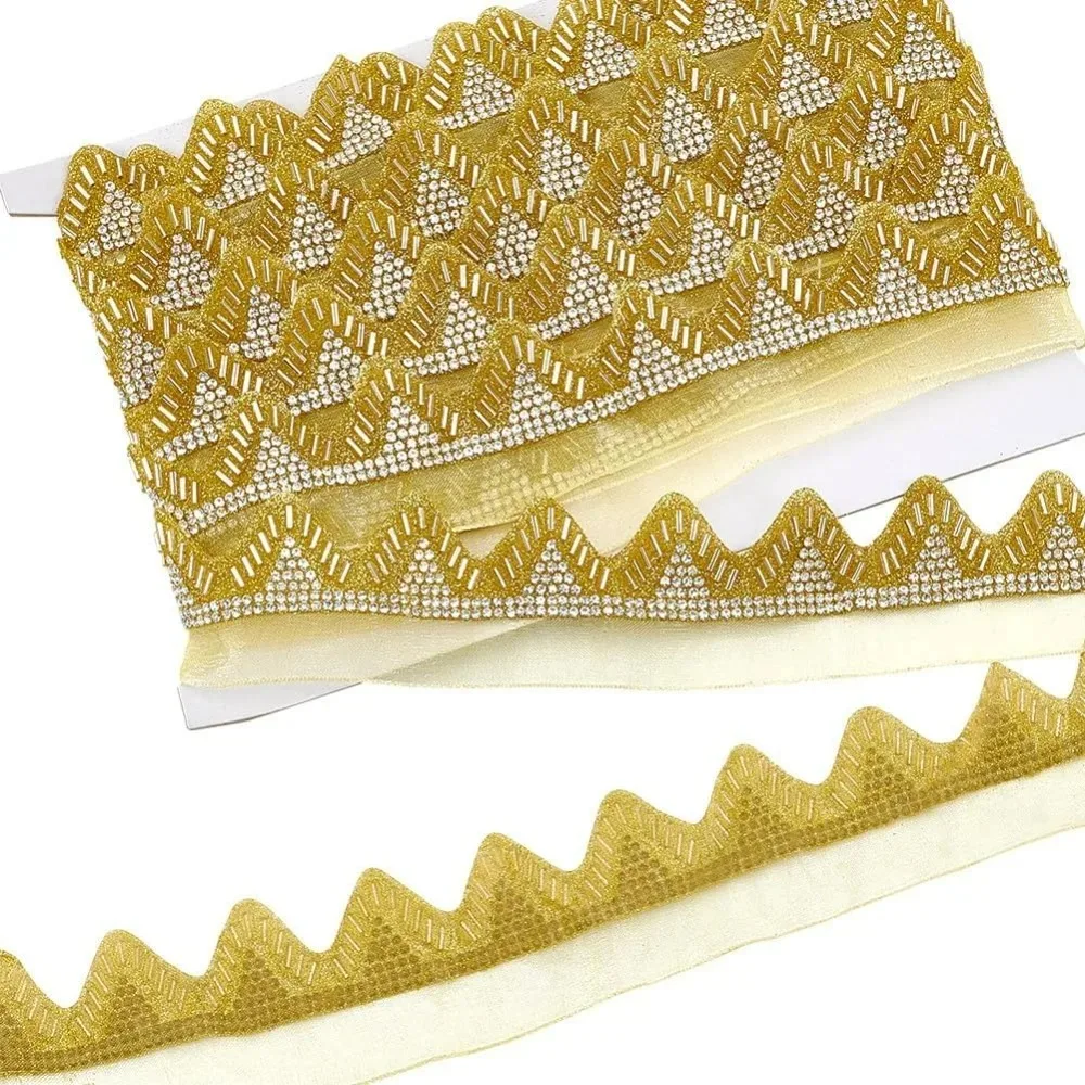 5 ياردة زخرفة الدانتيل المعدني 1-5/8 بوصة موجة حجر الراين حبة الشريط لفساتين الزفاف المزيد
