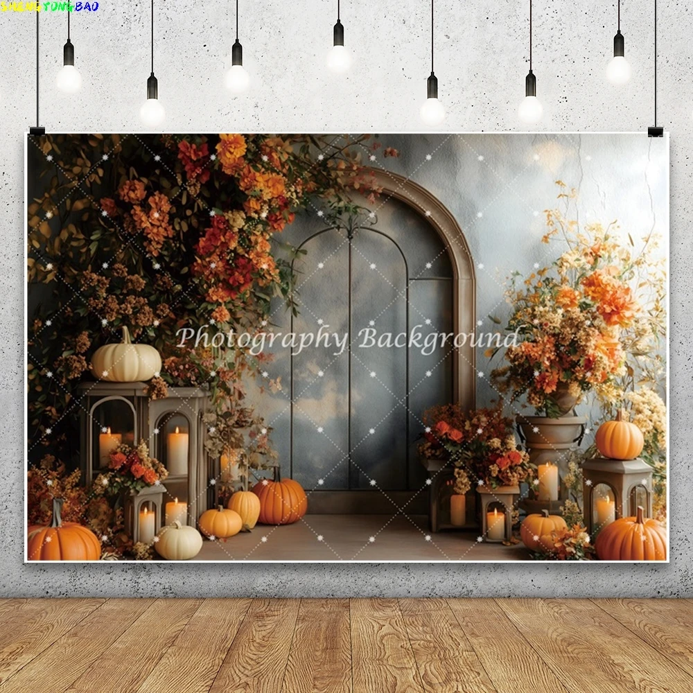 Herbst Fotografie Hintergrund Böhmische Blumen Kürbis Holztür Thanksgiving Hochzeit Geburtstag Party Dekoration Foto Hintergrund