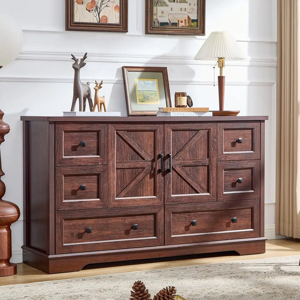 

Dresser for Bedroom, Farmhouse Dresser with 6 Wooden Drawers and Storage Cabinet, 55 Inches Tall Chest of Drawers for Bedroom,