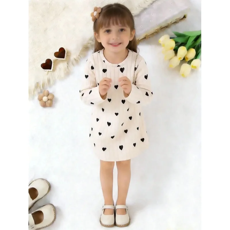 Women's Casual Long Sleeve Dress round Neck Heart-Shaped Printed Pit Stripe Popular Style for Daily Travel