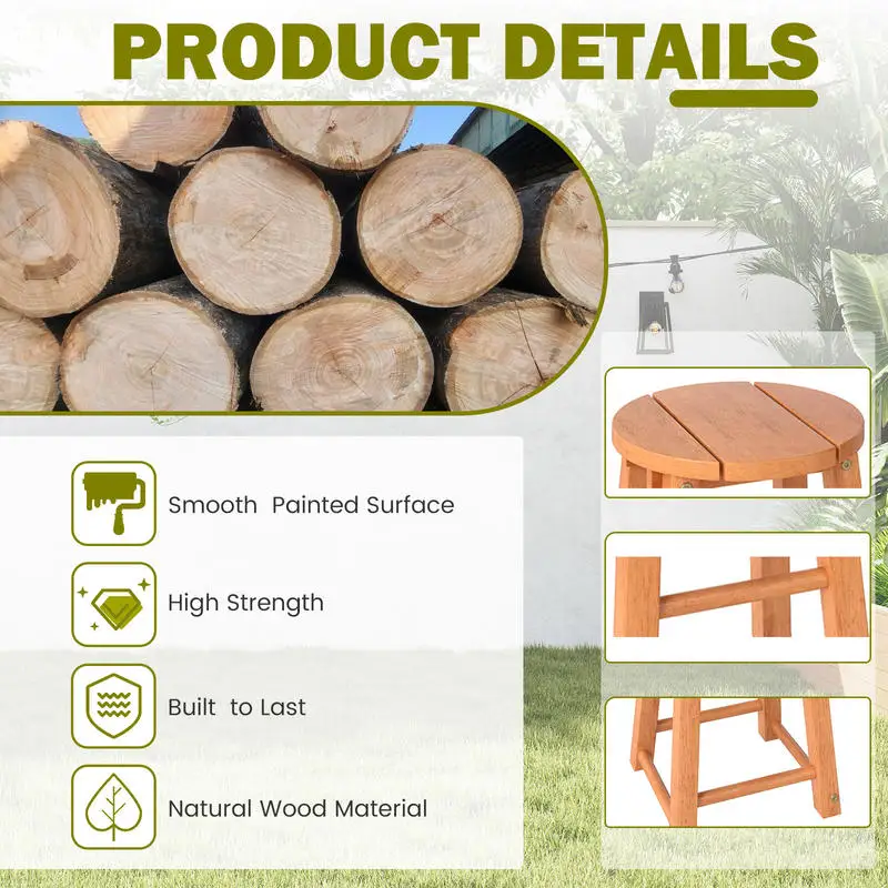 

18-Inch Outdoor Wood Bar Stools Set of 2 with Round Seat and Footrest