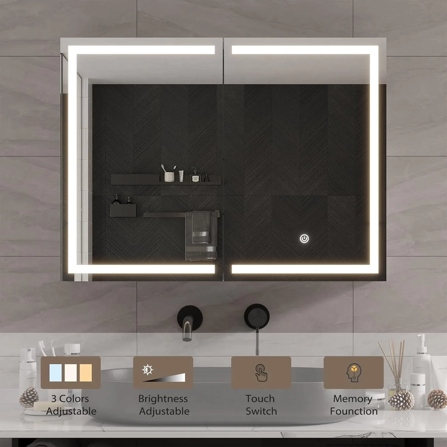 Bathroom Medicine Cabinet with Mirror and LED Light, Wall Mounted Bathroom Mirror with Storage, Customized image 3