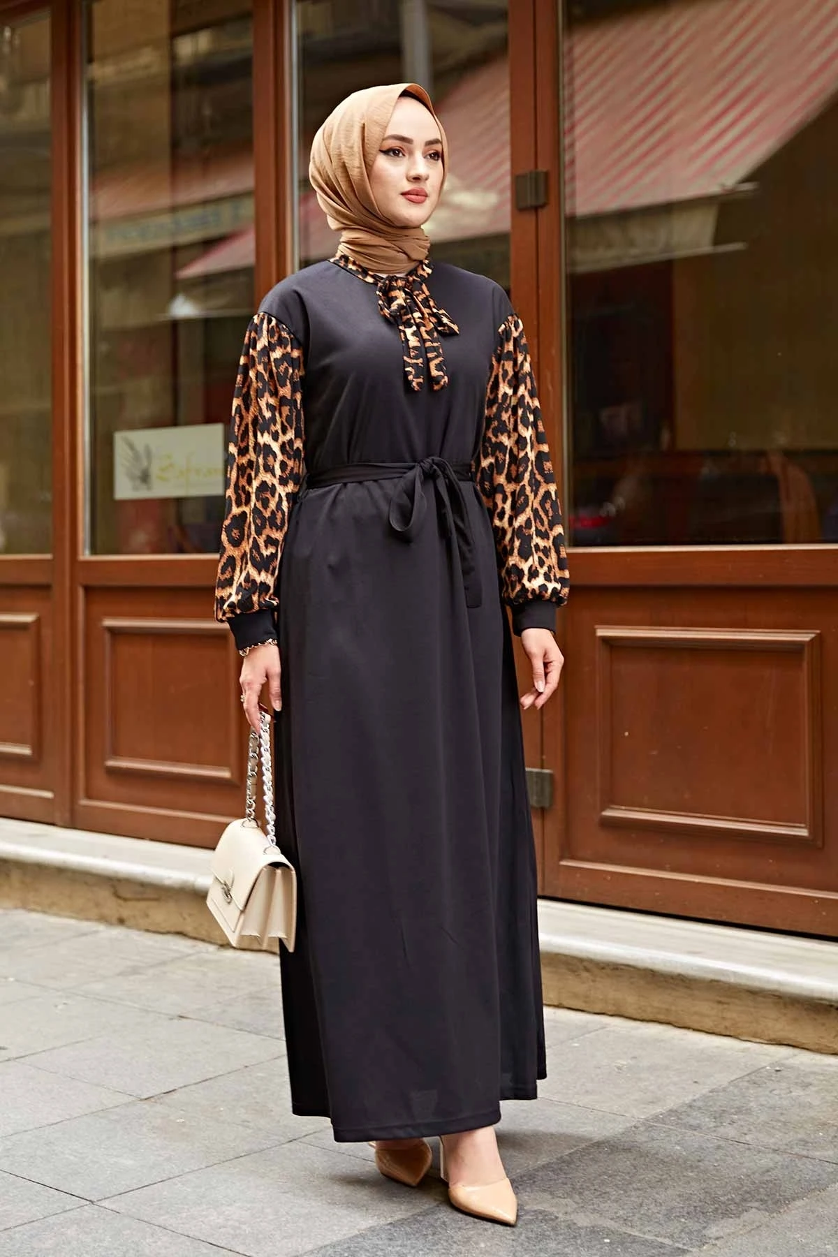 With tie Leopard Desenlli Dress TH Black Winter Autumn 2021 Muslim Women Hijab headscarf islamic Turkey