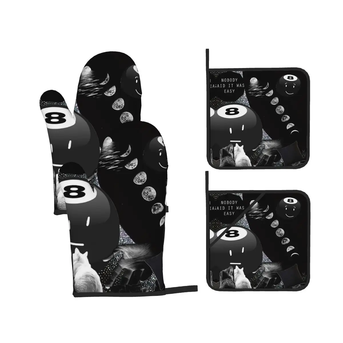 Battle For Dream Island BFDI 8-Ball Oven Mitts and Pot Holder Sets of 4 for Baking Kitchen Cooking BBQ Resistant Non-Slip Gloves