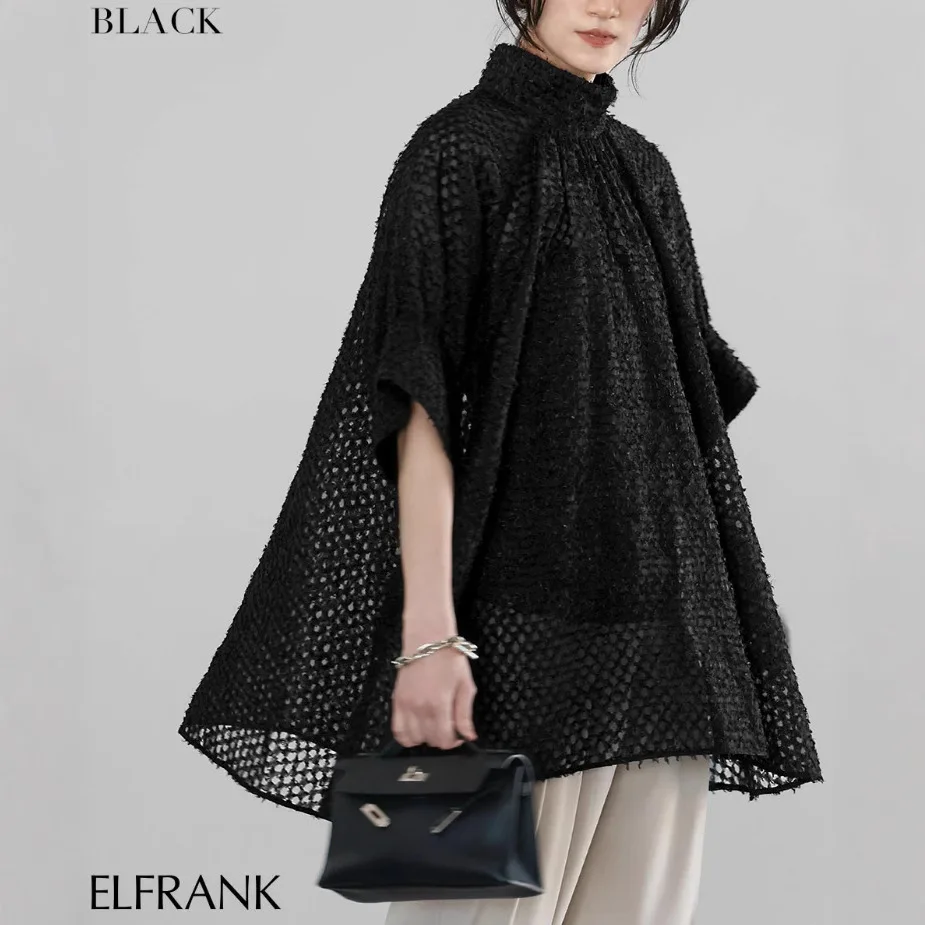 

Летняя однотонная свободная черно-белая жаккардовая полупрозрачная рубашка в японском и корейском стиле с пятью рукавами и воротником-стойкой для