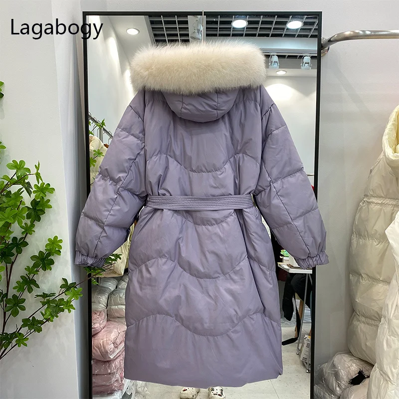 

Big 2023 Fur Winter Fox Jacket Women Collar Hooded Thick Warm Long Down Parkas Female 90% White Duck Down Coat Outwear