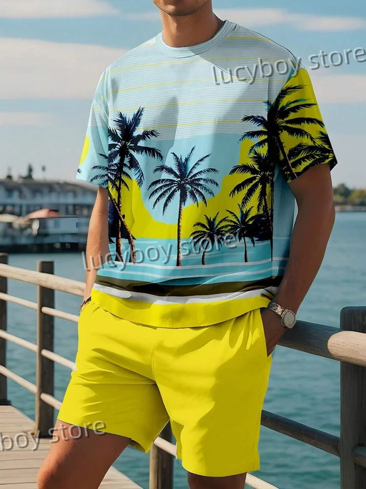 

Mens Running Sports 2 Piece Set Men T-shirt + Trousers Suit Coconut Tree Print Short Tracksuit Vintage Sportswear Men Clothing