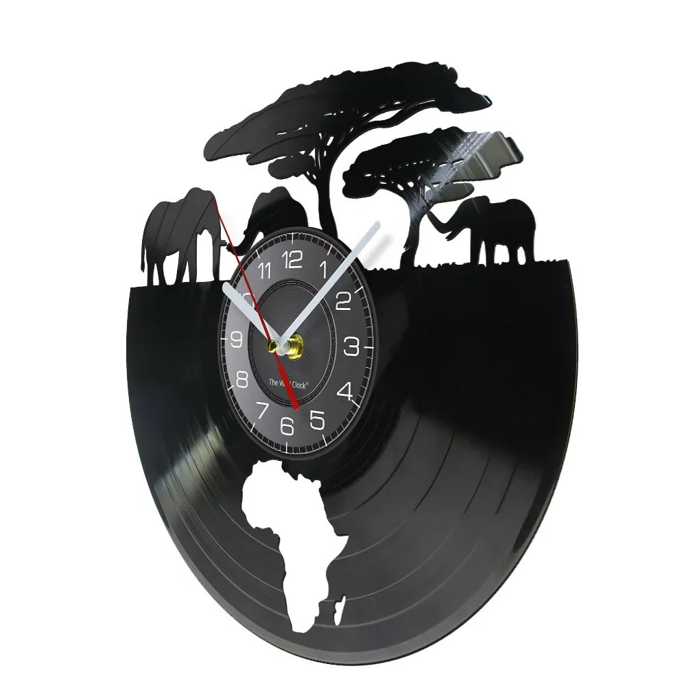African Elephants Laser Cut Record Wall Clock Wildlife Animals Habitat Map of Africa Retro LP Wall Watch Living Room Art-Decor