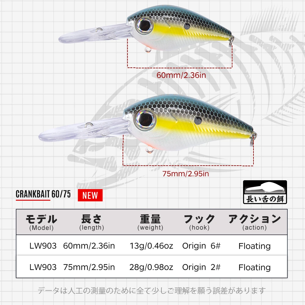 Hunthouse Crankbait Fishing Lure 60/75mm 13/28g Floating Crankbait Leurre for Seabass Long Lip Hard Crank Wobbler Deep Diving