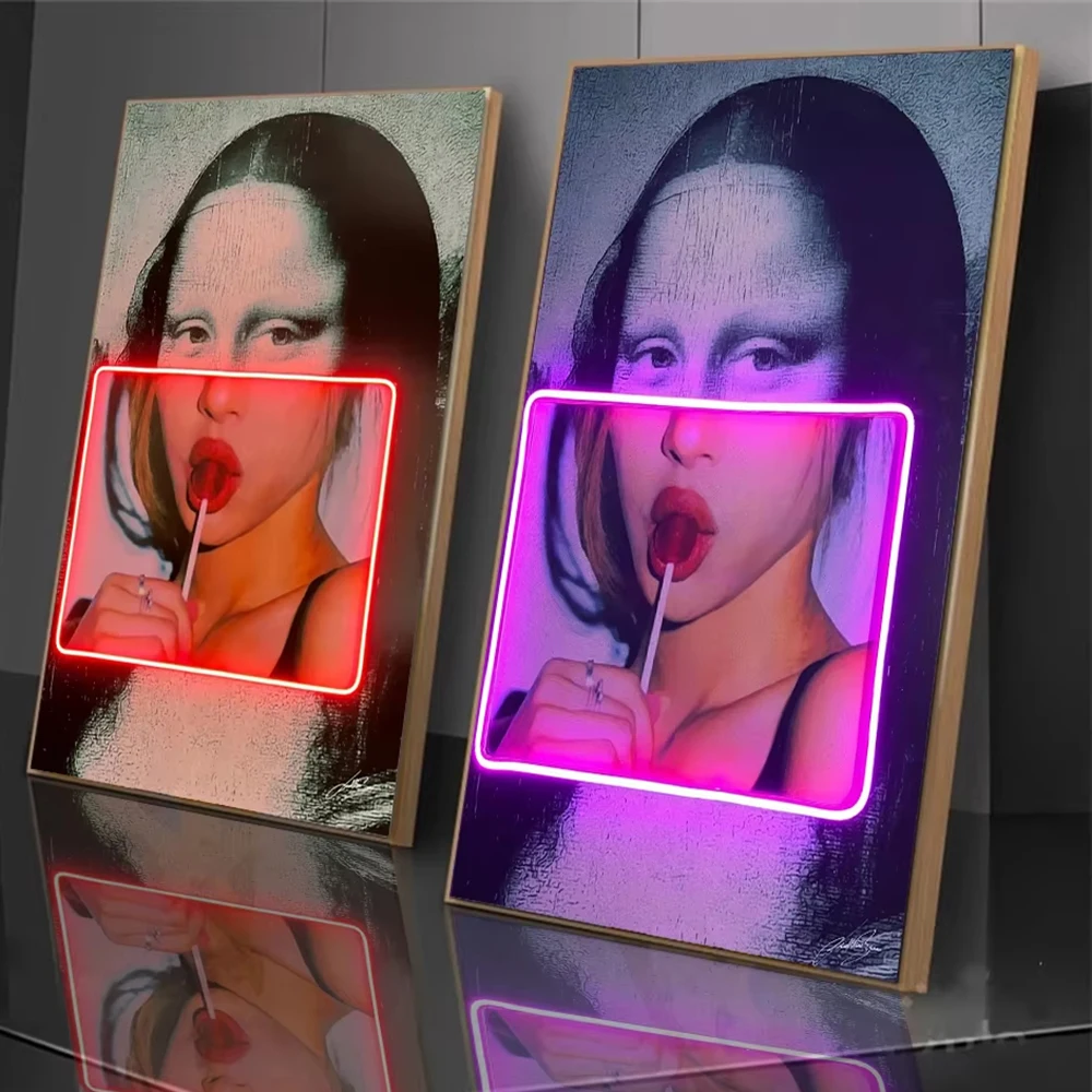 Mona Lisa with Lollipops Neon Canvas Painting Pop Art Canvas Print Posters Abstract Portrait Fashion Wall Art Picture Home Decor