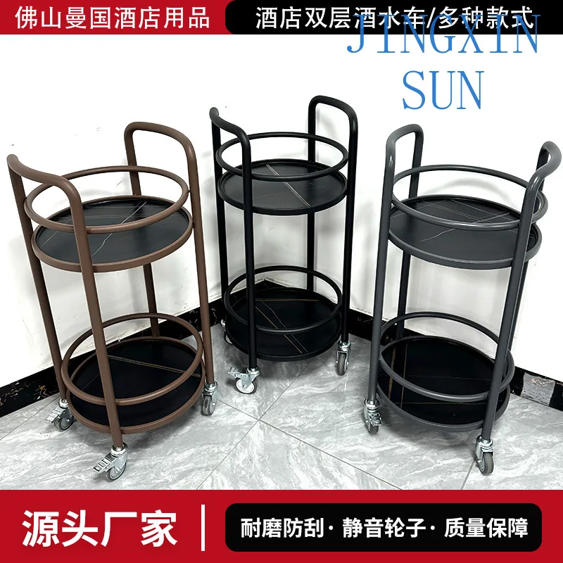 High-end hotel rock slab wine truck stainless steel trolley 4S shop cake snack double-layer round commercial service