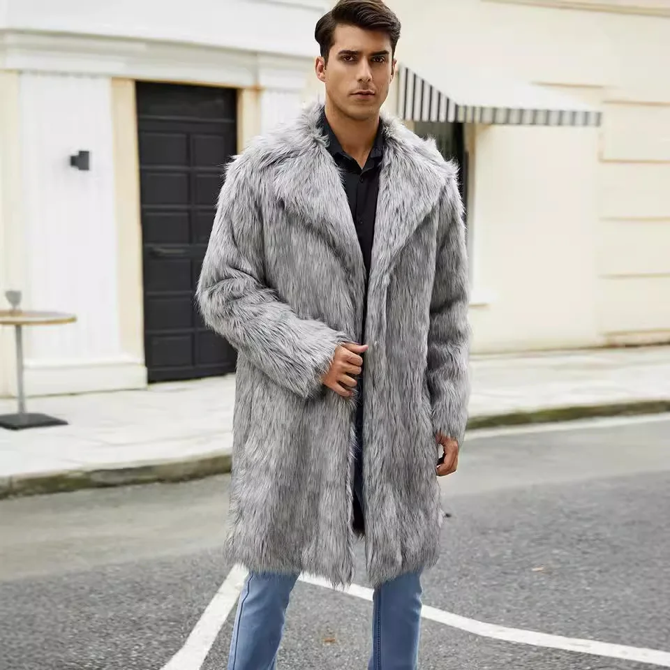 Turn Down Collar Spliced Faux Fur Long Sleeve Coats Cardigan Fur Loose Men Clothing Jacket Open Stitch Solid Casual Autumn