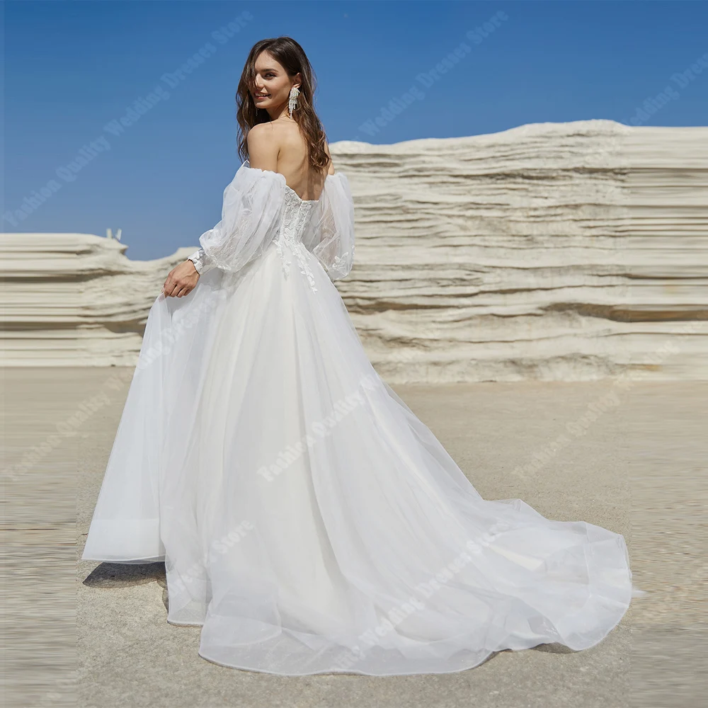 Elegante Witte Vrouwen Trouwjurken Off Shoulder Lange Mouwen Kanten Applique Bruidsjurken Op Maat Gemaakte Klassieke Vestidos De Noiva