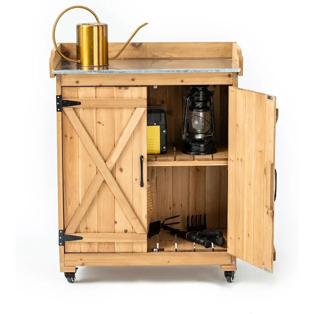 Outdoor Wooden Potting Bench with Wheel Double Do& Metal Tabletop, Outside Storage Cabinet & Houltural Planting Work Table or Ga