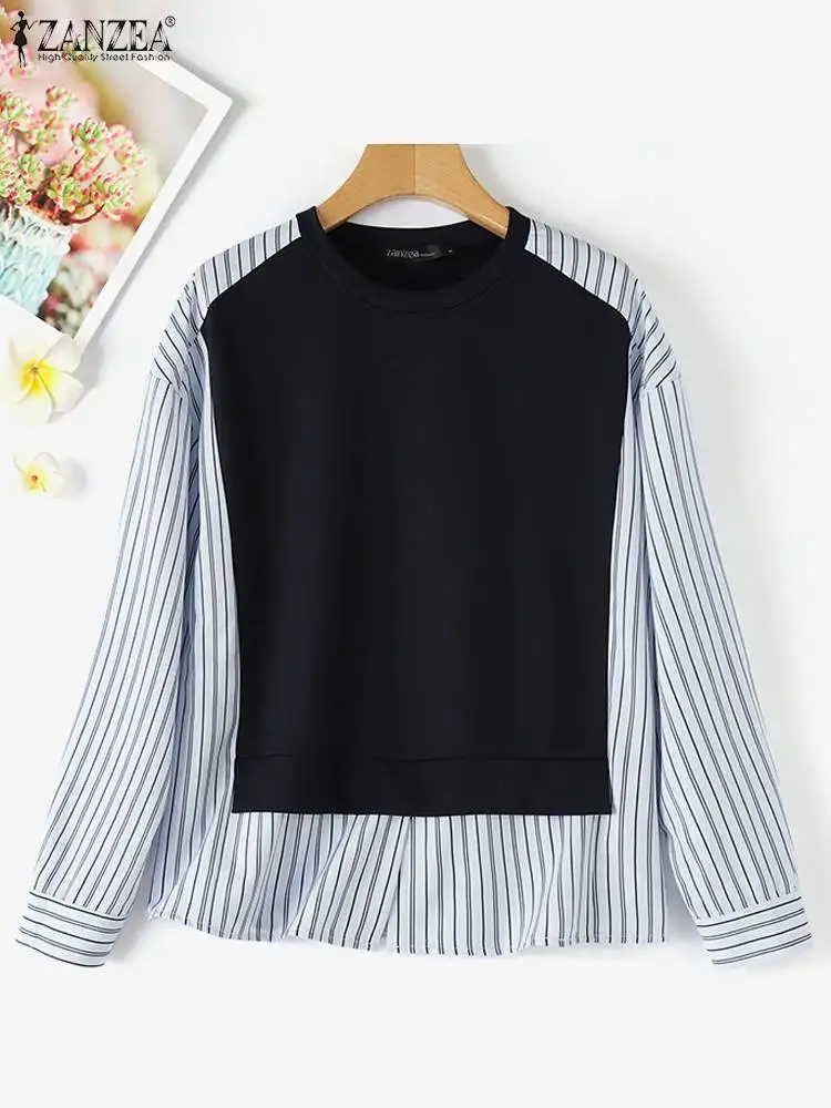 ZANZEA Patchwork O Neck Blusas Mujer Women Autumn Casual Long Sleeve Blouses Fake Two-Piece Striped Korean Fashion Pullovers