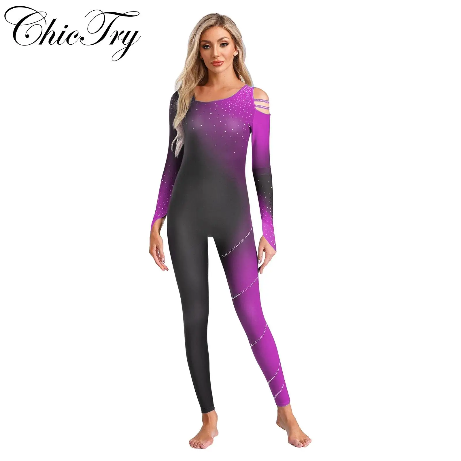 

Womens Ballet Jumpsuit Gradient Color Block Rhinestone Bodysuit Leotards Gymnastics Figure Skating Dance Performance Costume