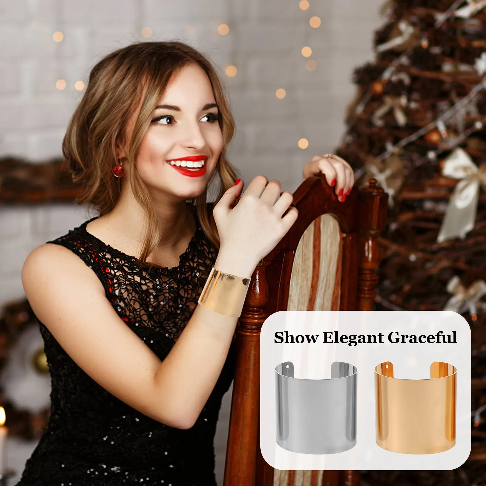 2 PCS Metal Opening Bracelet Chunky Cuff Bracelets Grooved Wide Bangle for Women Jewelry Wrap Arm Wristband