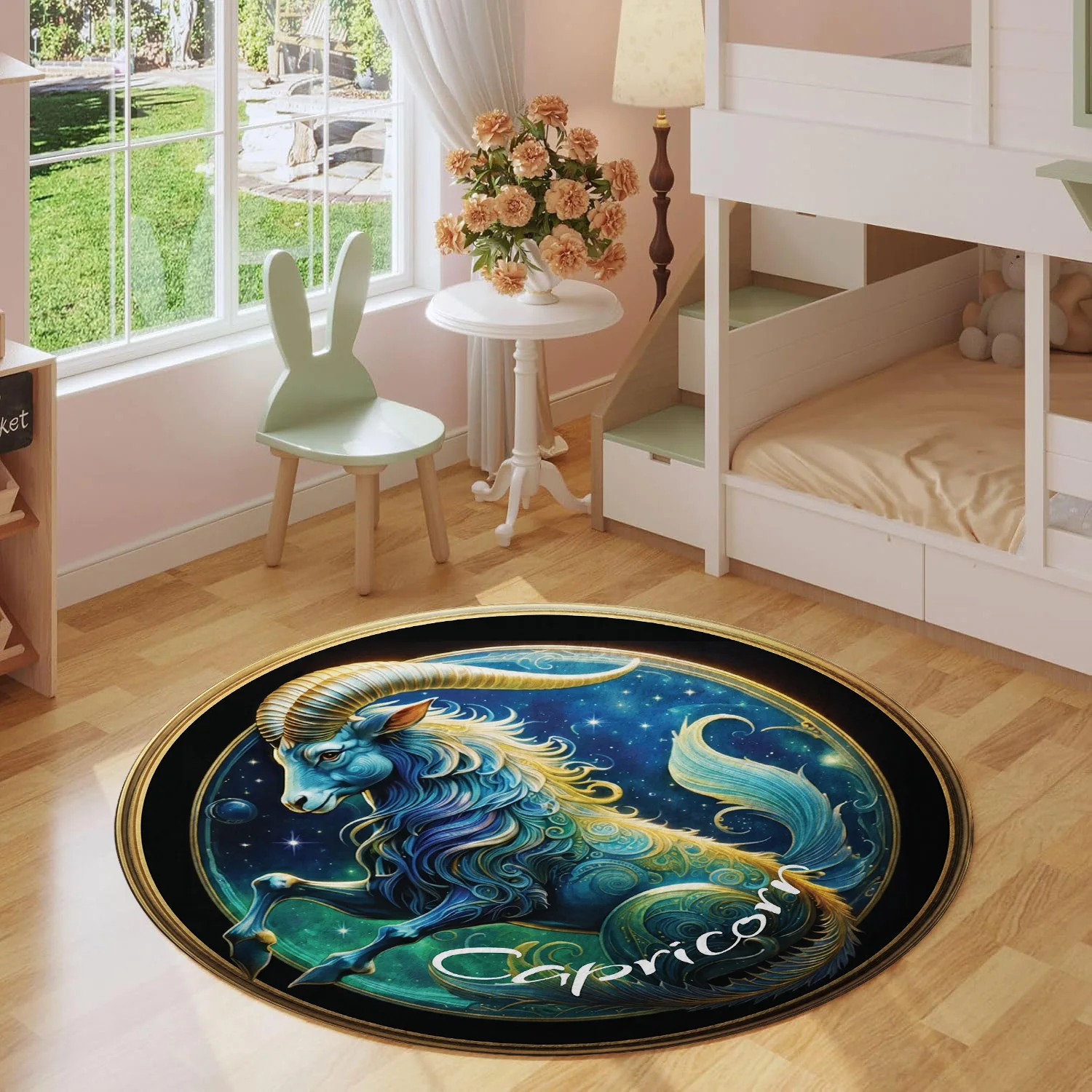 Capricorn Constellation Zodiac Sign Sea Goat Starry Sky Gold Border Pattern Holiday Luxury Round Mat Area Rug Home Decor