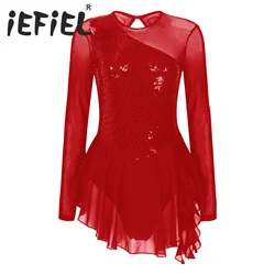 Women Figure Skating Dress Long Sleeves Rhinestone Leotard Gymnastics Workout Dress Ballet Dance Bodysuit Ballerina Show Costume