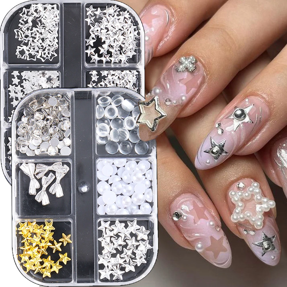 6 grade ouro prata estrela arco rebite studs prego charme meia redonda pérola contas arte do prego strass pentagrama gem manicure decoração