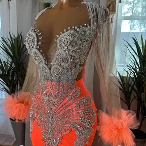 Orange schwarze girl prom Kleider 2024 Luxus mermaid Strasse Strass Langarmer Rüschen Geburtstag Abend Gala -Kleid Abschluss 8 Hauptverkäufe Laranja Abschlusskleid - №3