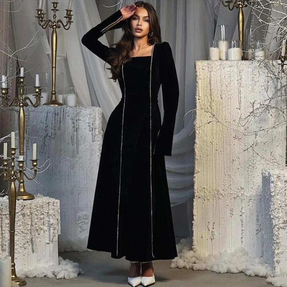 Flechazo Square Collar Ankle Length Evening Dress Slit Long Sleeves A-Line Women Simple Custom Made Banquet Party Guest Gowns