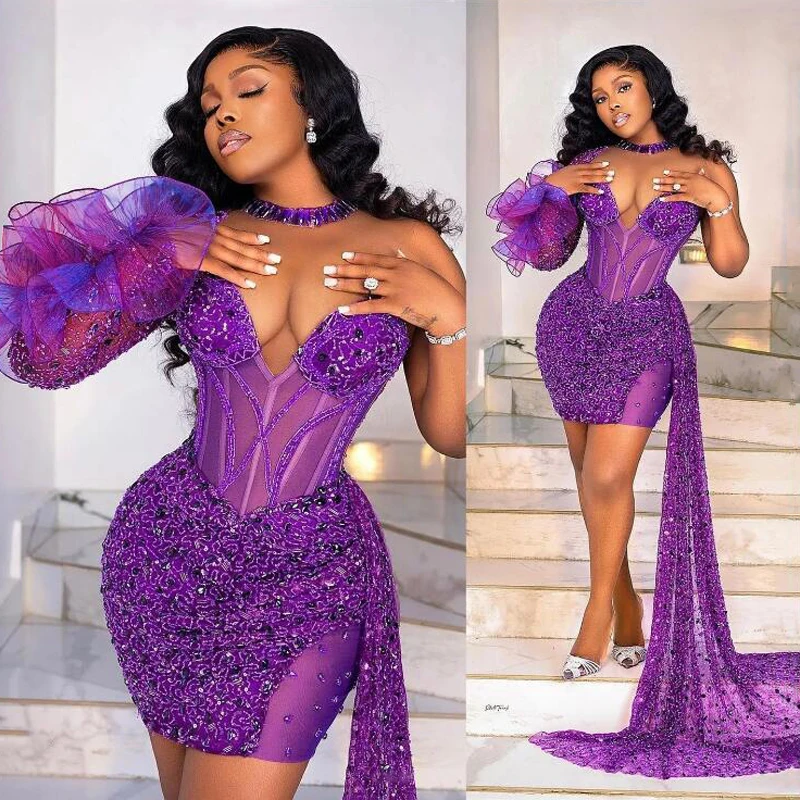 Fashion Purple Sequins Beaded Short Prom Dresses with Side Train Black Girls Formal Occasion Dress Sheer Neck Aso Ebi Party Gown