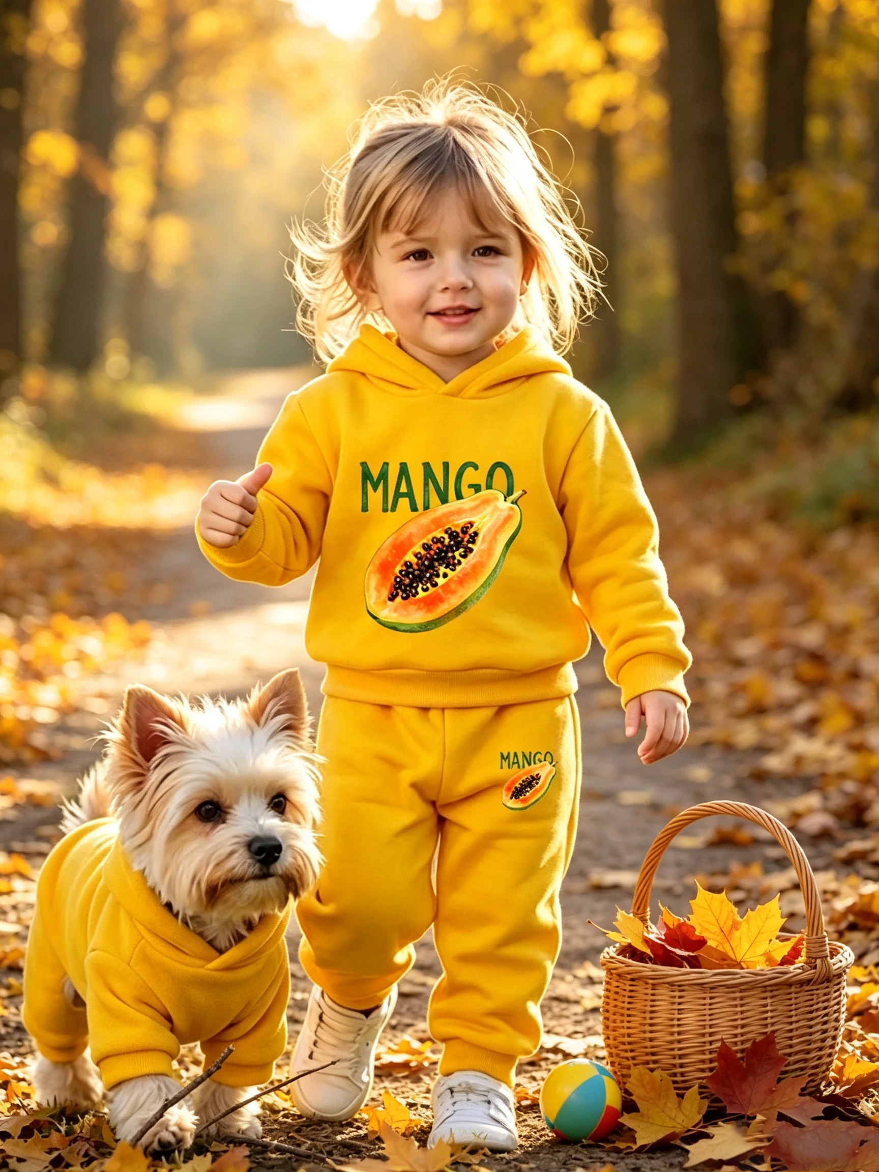 Kids Yellow Hoodie Sweatshirt Pants 2PCS, Cute Mango Papaya Graphic Toddler Casual Outfit For Boys Girls