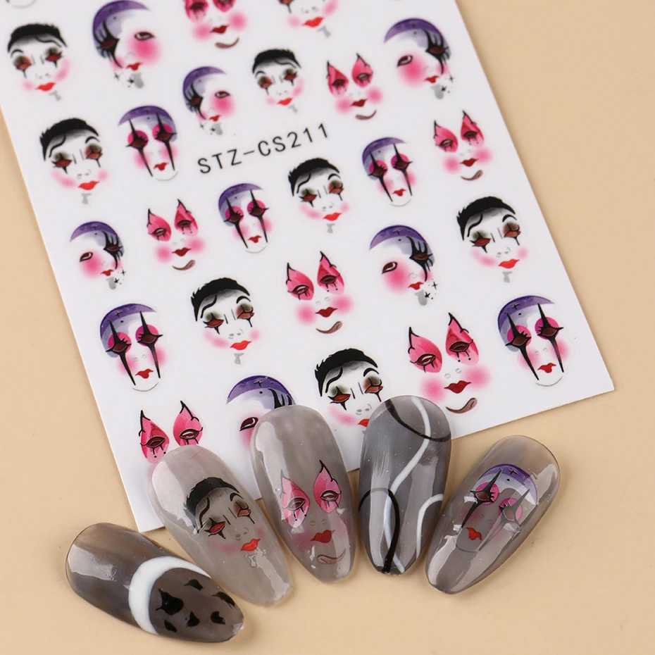 3D 만화 광대 네일 스티커 유행 조커 불 립 네일 할로윈 무서운 얼굴 네일 장식을위한 자체 접착 슬라이더