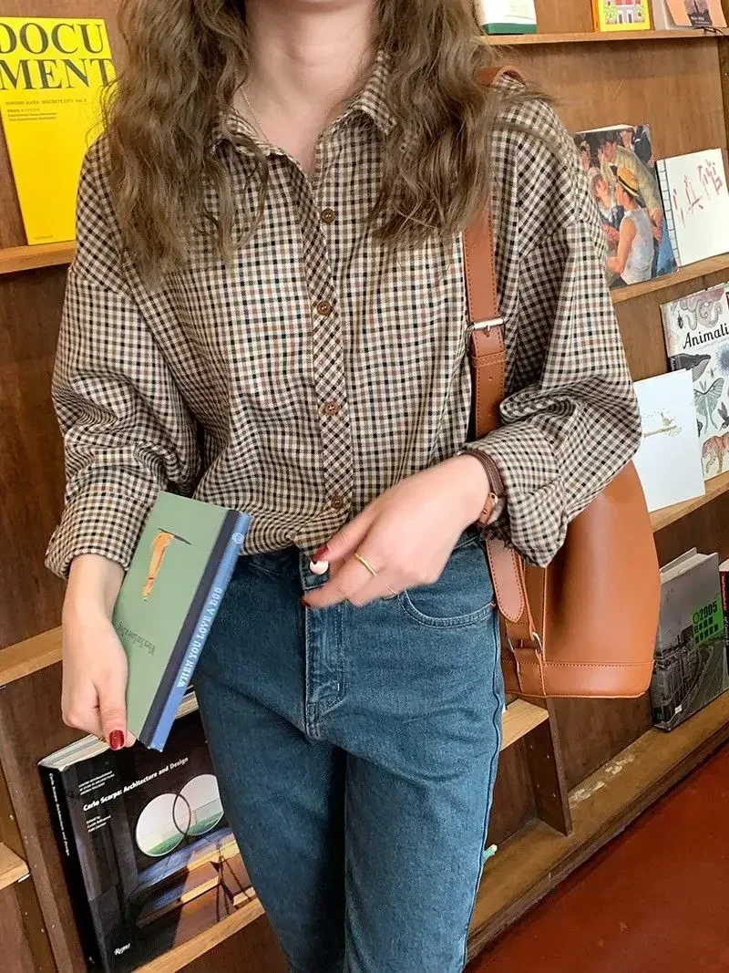 Hemd Frauen Braun Plaid Vintage Einfache Elegante Weibliche Lange Hülse Adrette Tops Alle-spiel Drehen-unten Kragen holz-Knöpfe – Detail 25