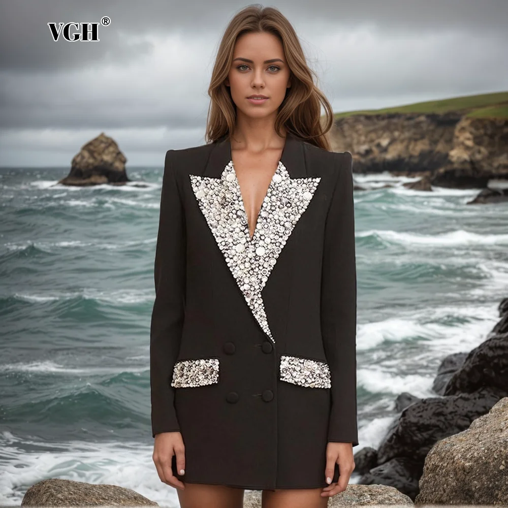 

VGH Solid Patchwork Diamonds Elegant Blazers For Women Notched Collar Long Sleeve Spliced Button Temperamnet Blazer Female New