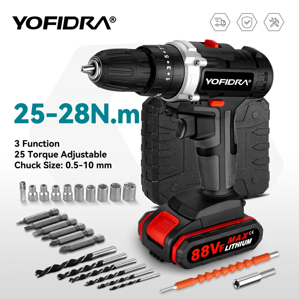 25+3 Torque Cordless Electric Impact Drill Screwdriver Efficient Woodworking DIY Household Power Tool with 24pcs Accessories