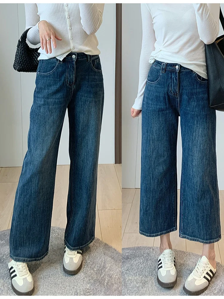 

High Waist Straight Leg Jeans Comfortable Four-Way Stretch Deep Blue Slimming Long Legging Casual Women's Premium Denim