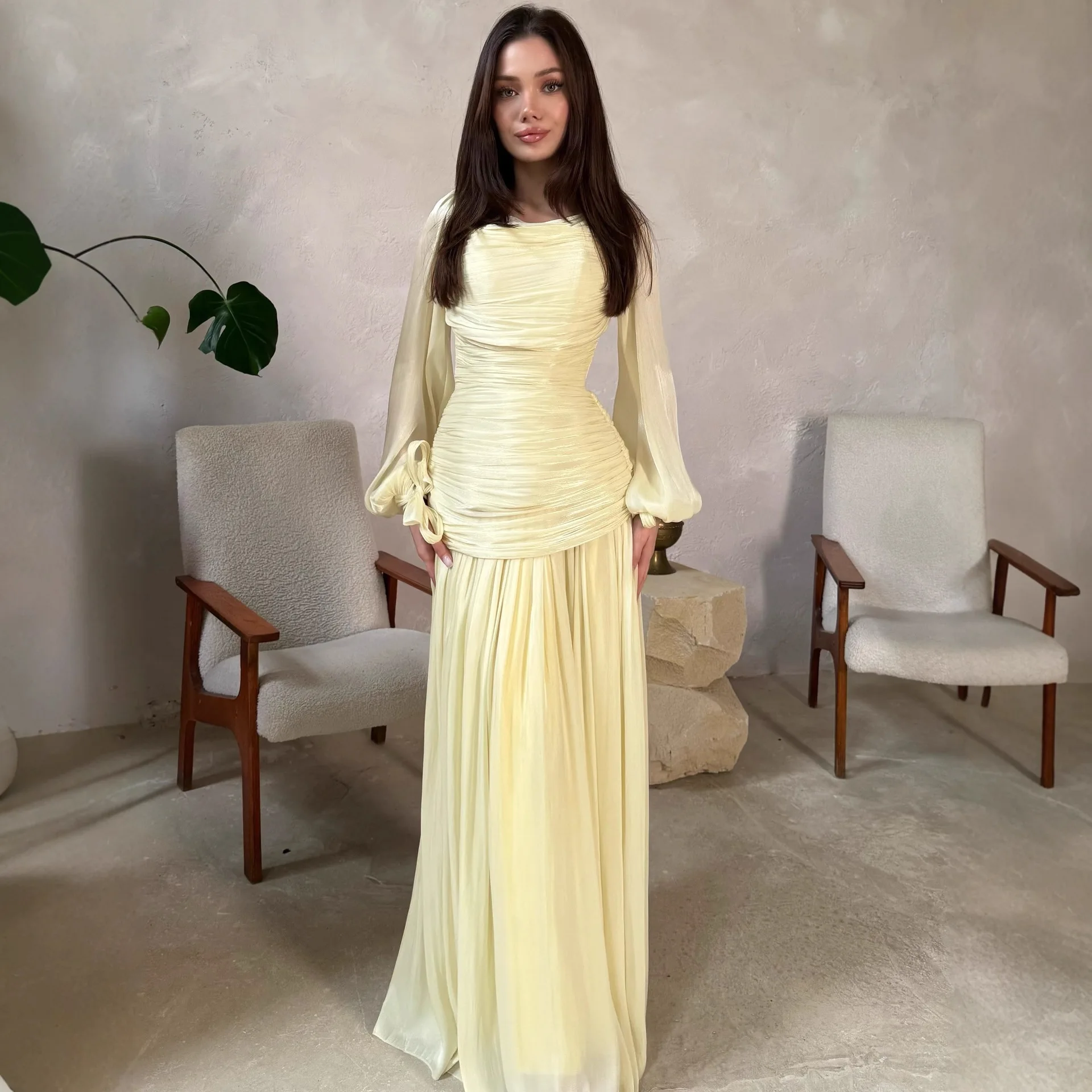 2026 Elegante damesjurk met drapering, effen, lang, O-hals, lange mouwen, taille, casual, feest- en avondjurk