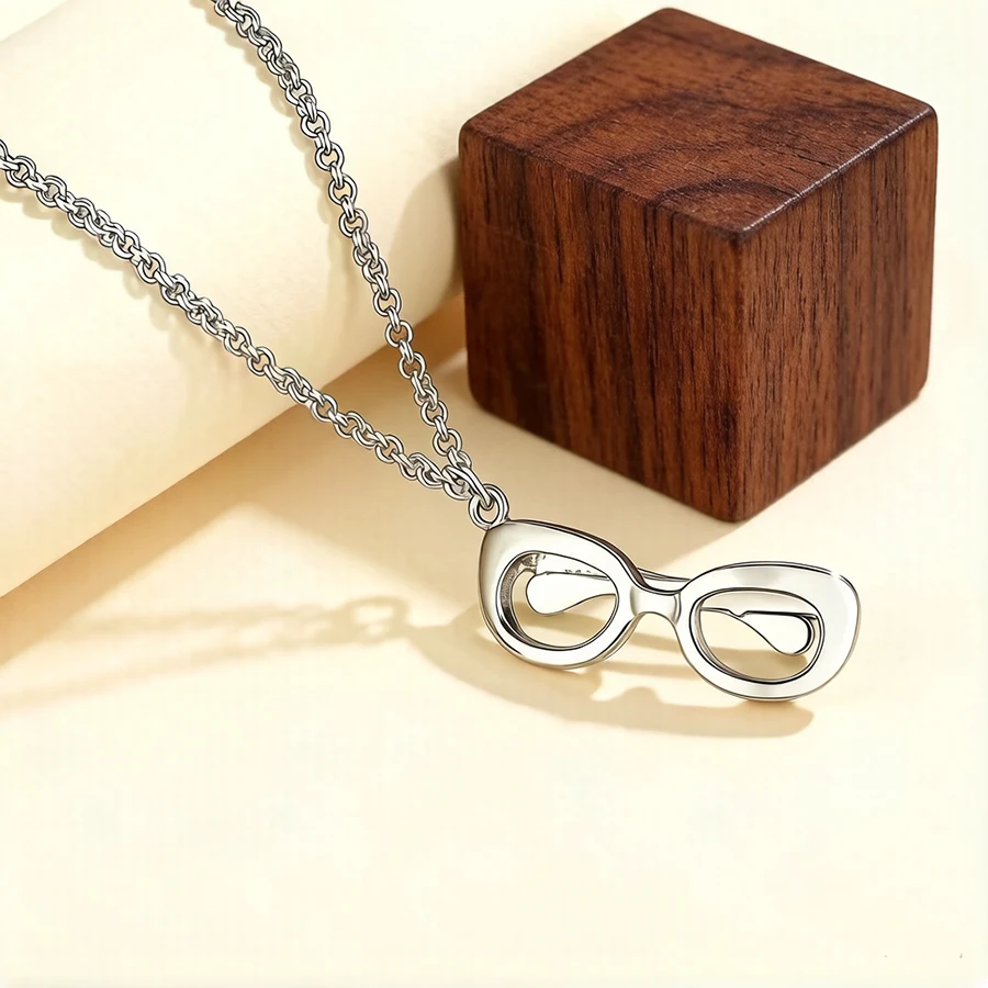 Women's 925 Sterling Silver Necklace with Glasses Pendant Polished Trendy Box Chain Charm Fashion Jewelry Accessory