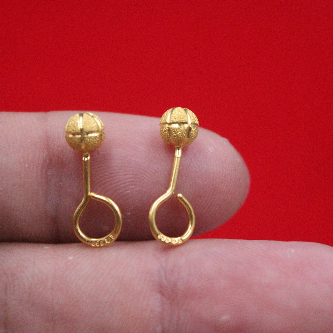 999 Pure 24K Yellow Gold Earrings Stud For Women Frosted Ball 5mm Earrings Hook /E183