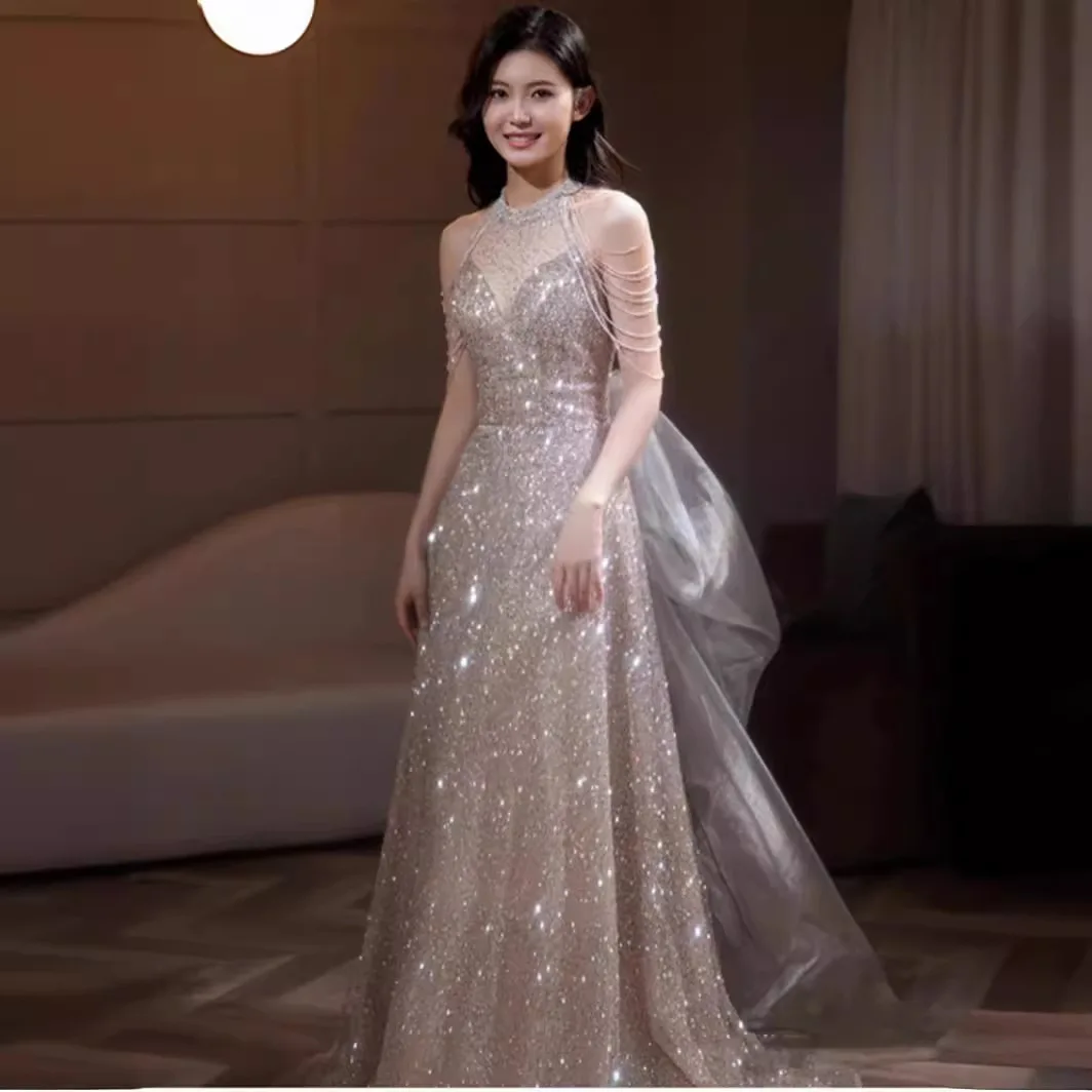 

Вечернее платье цвета шампанского, новинка 2025 года, висящее высококачественное длинное платье с кисточками для банкета и дня рождения