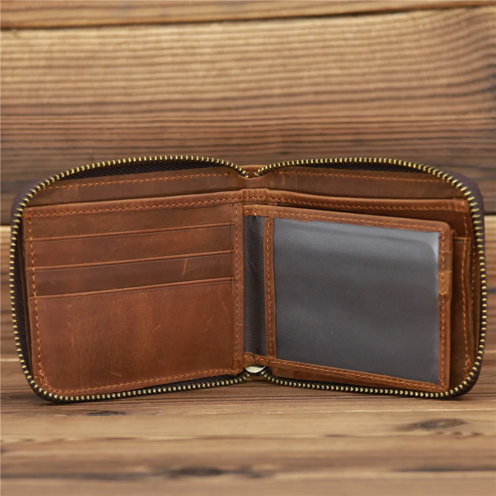 Men's Small Wallet RFID Vintage Genuine Leather Wallets Zipper Around Coin Pocket Man Card Holder Short Wallets High Quality