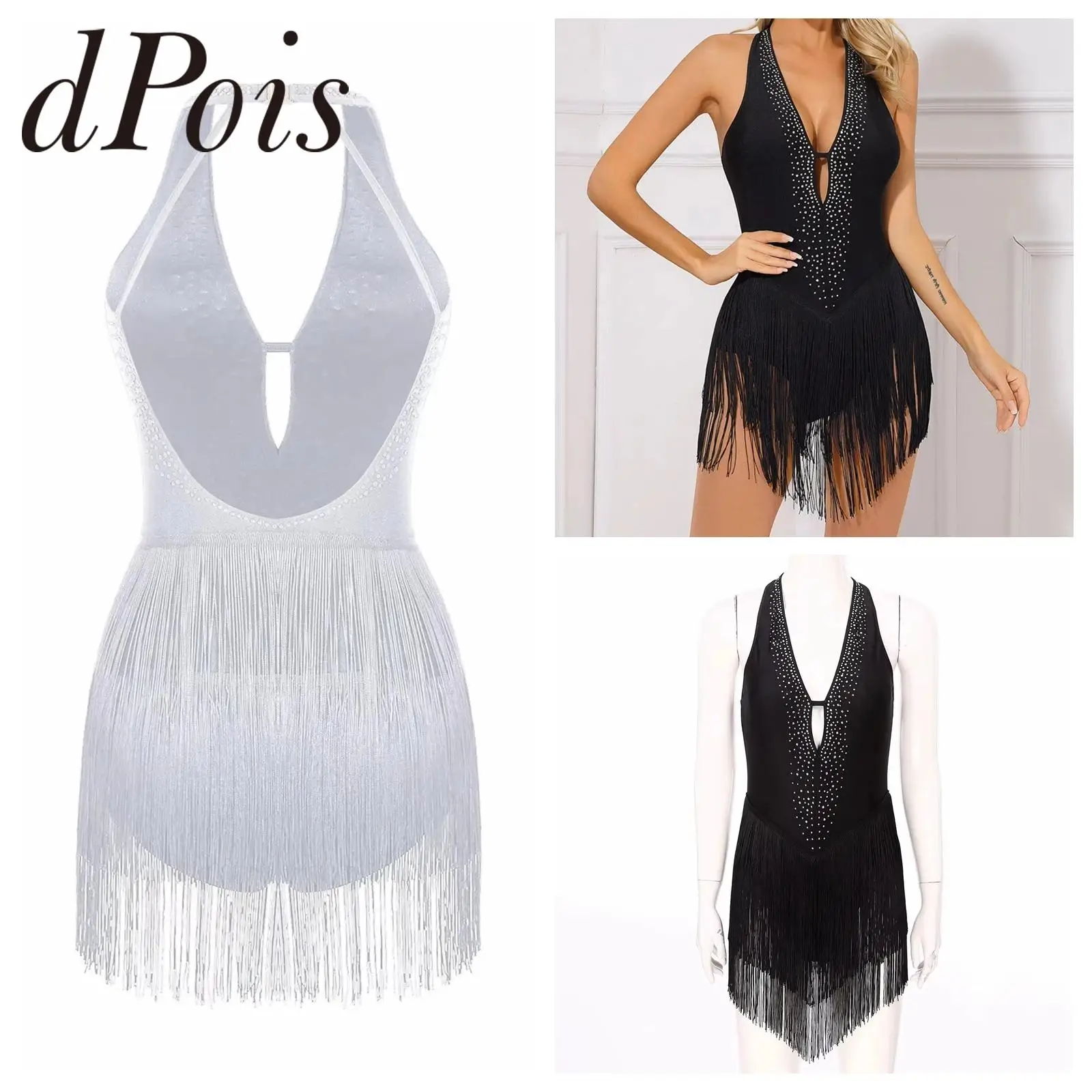 Women Latin Dance Fringe Leotard Deep V Neck Fringed Tassel Bodysuit Backless Ballroom Dancing Salsa Tango Rumba Cha-Cha Costume