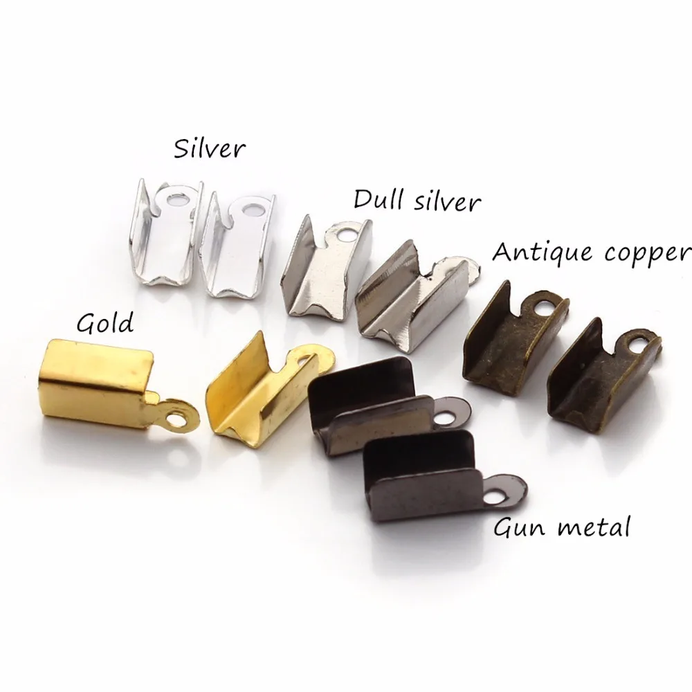 100Pcs Leather End Clasps Caps Silver/Gold Plated Fold Over Crimp Cord Ends Connector Fastener For Jewelry Making Accessories