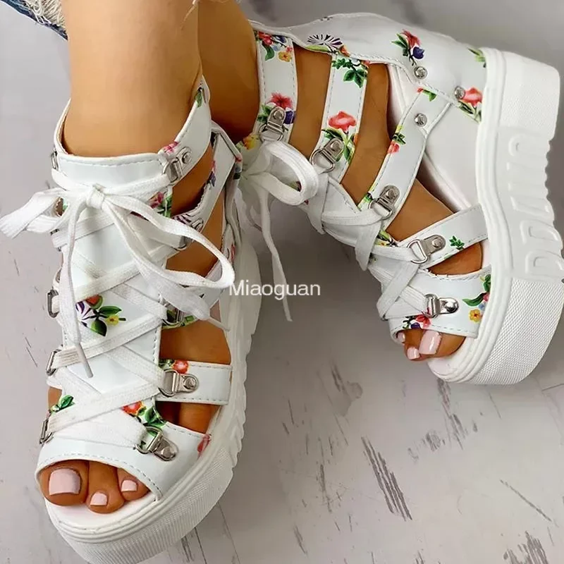 2024 Hot Sale Women\'s New Summer Sandals Floral Wedge High Heels Cross Straps Lace-up Increase 12cm Fashion Casual Shoes Ladies