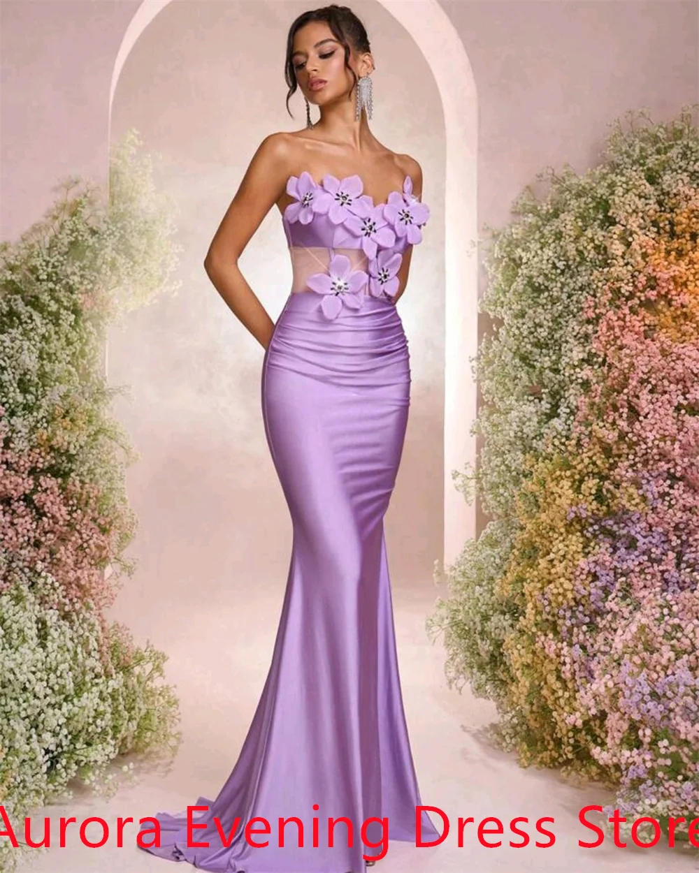 Индивидуальное темпераментное фиолетовое атласное платье для встречи выпускников, нежное платье без бретелек с цветами и кристаллами русалки на молнии сзади, Vestido De Festa