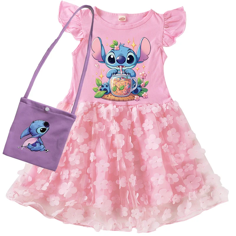 Lilo And Stitch Baby Girl Dress New Summer Toddler Kids Dress &Bag Baby Mesh Tutu Dresses Children Birthday Party Dress Clothes