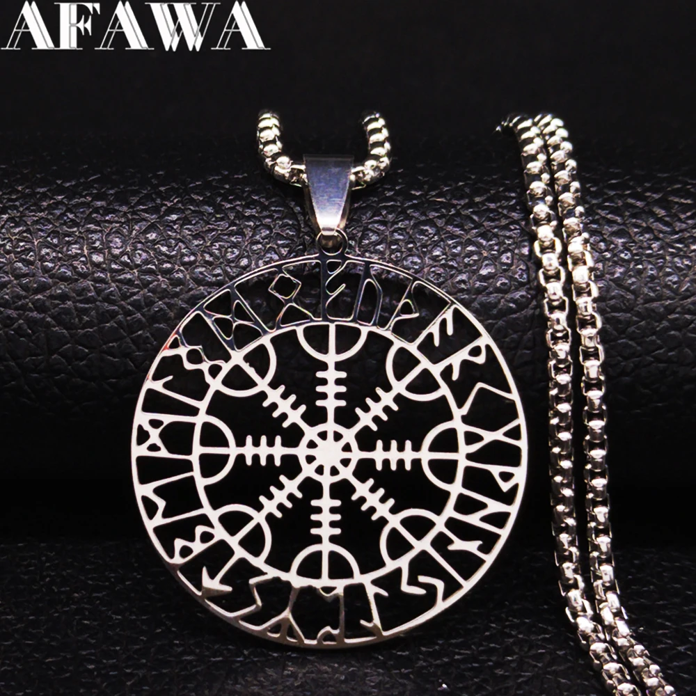 Viking Compass Helm Rune Amulet Necklace Silver Color Stainless Steel Symbol of Protection Necklace Pagan Jewelry N7024S01