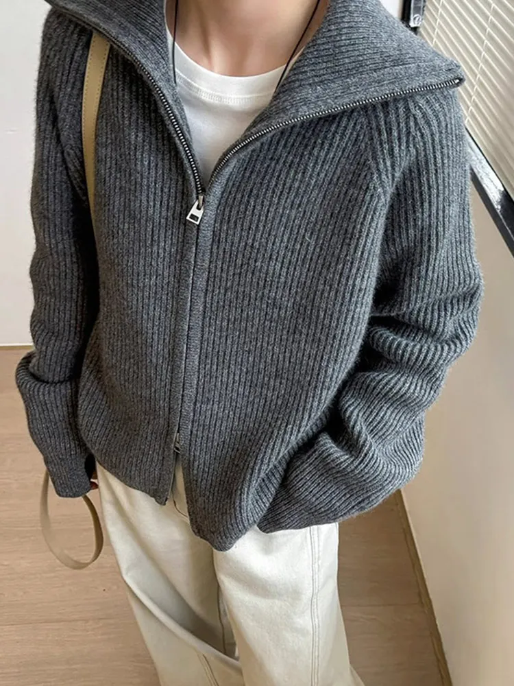 

Comfortable Pure Color Knitted Wool Sweater Double Zipper Long Sve Faion Top Anti-Aging Knitwear Sli Cardigan