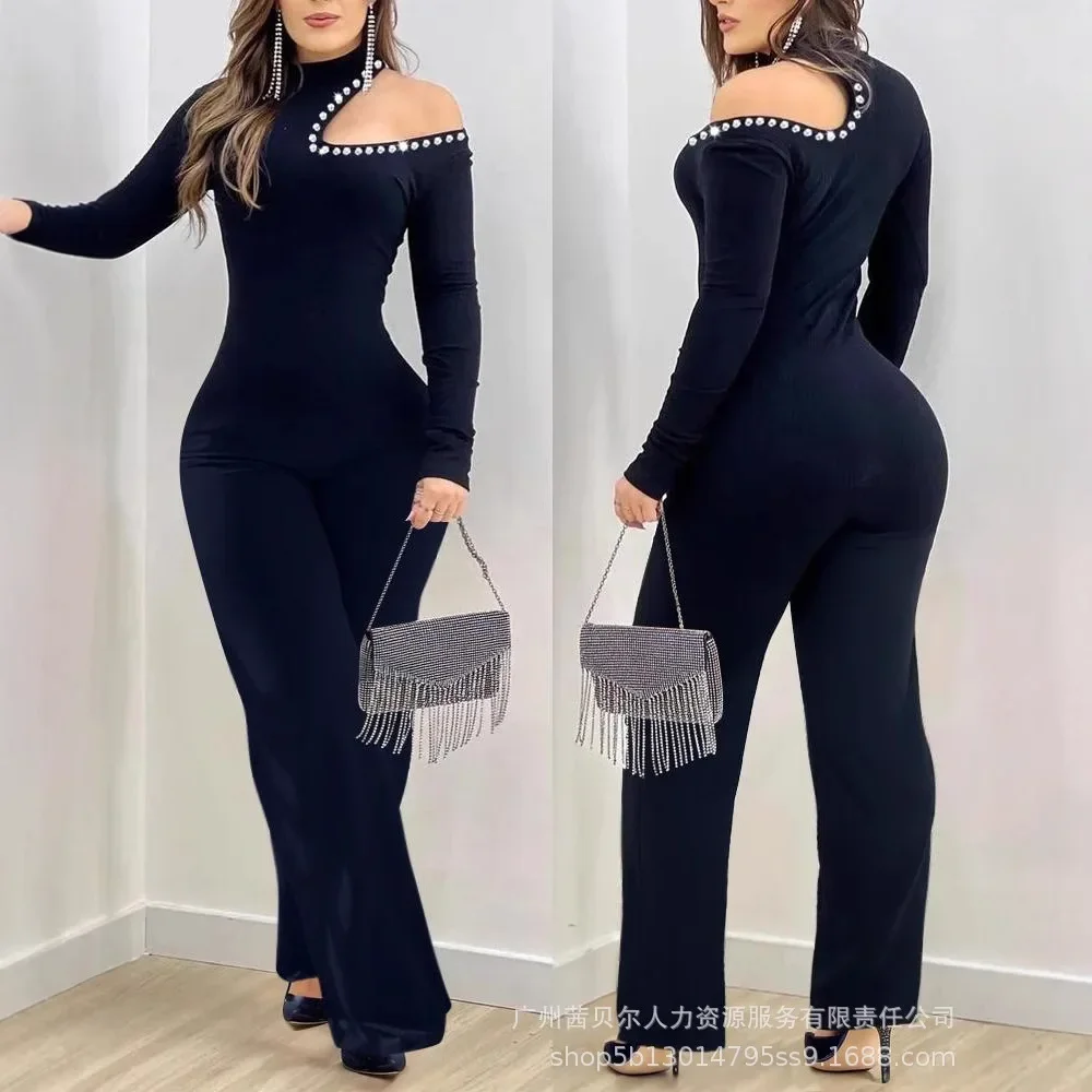 

Женский новый комбинезон с открытыми плечами, стразами, высоким воротом, длинными рукавами, облегающий, расклешенный
