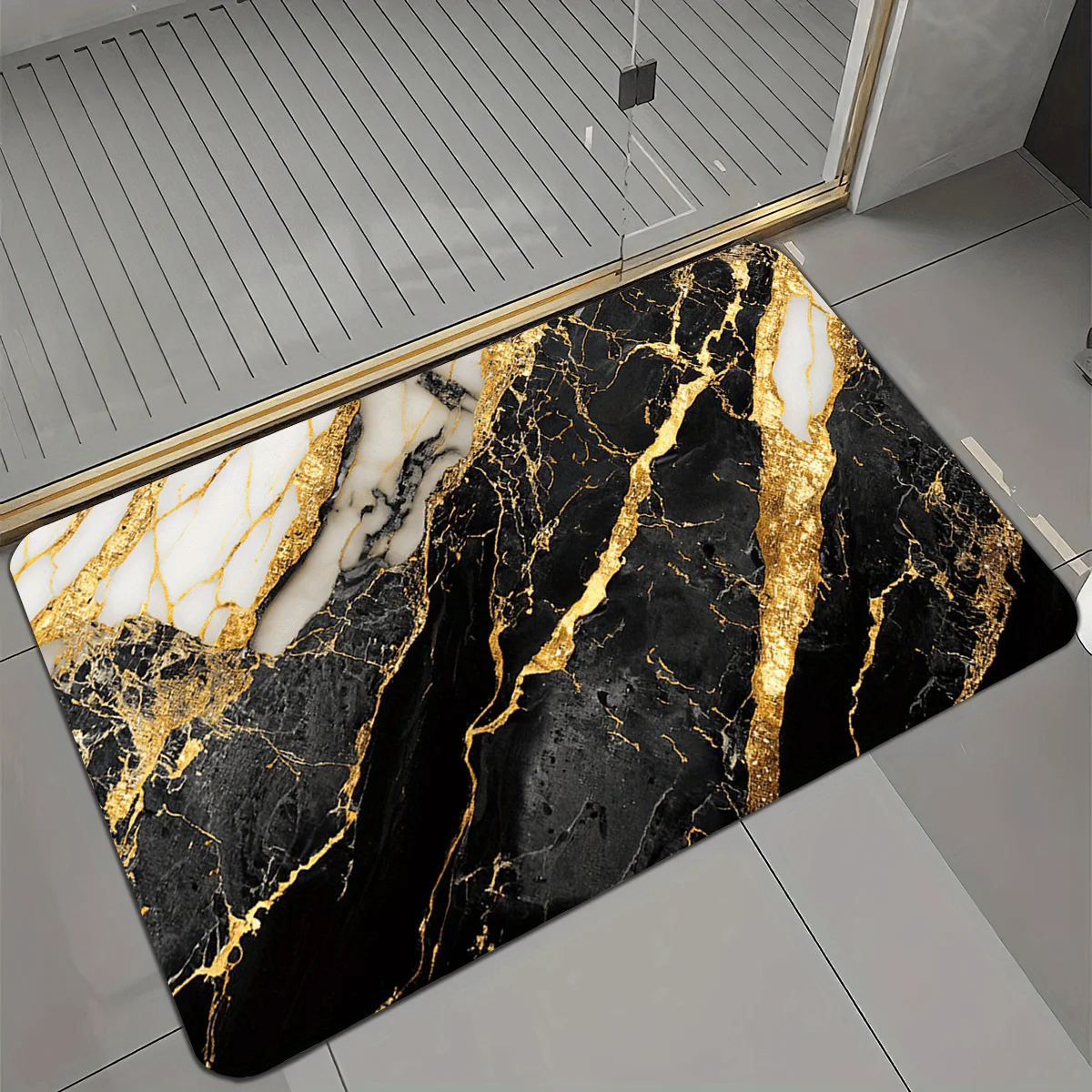 1pc, 2D Flat Black Gold Marble Luxury Flannel Bath Mat Non Slip Modern Shower Rug for Bathroom Toilet Floor Decor