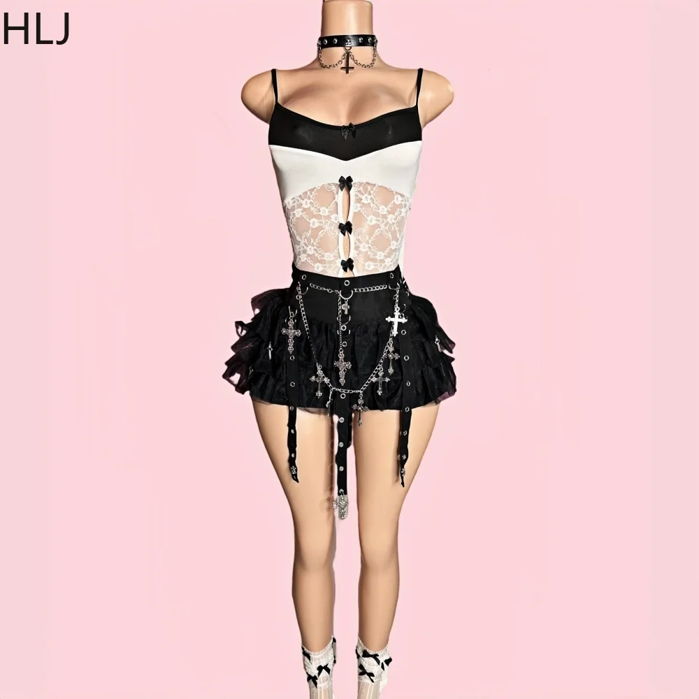 HLJ Black Y2K Punk Streetwear Women Mesh See Though Bodysuits And Stacked Mini Skirts Two Piece Sets Fashion Trend 2pcs Outfits